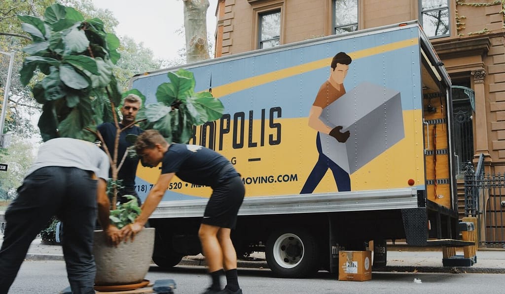 trois déménageurs avec un camion