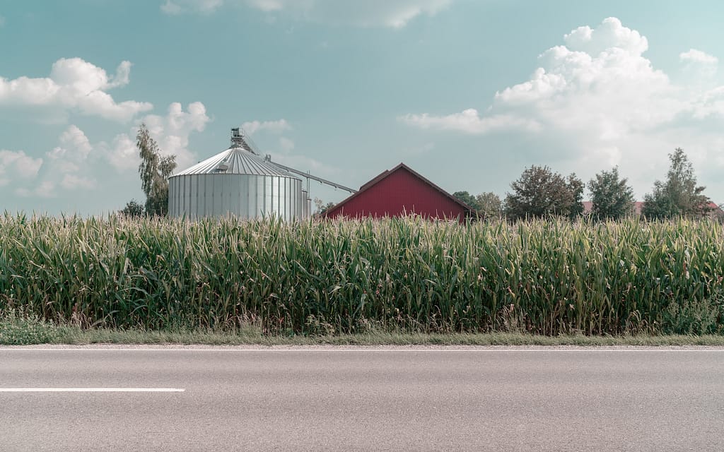 silo à grains à côté d'une ferme spécialisée dans le maïs