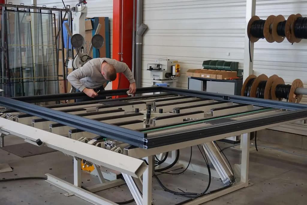 artisan qui confectionne une fenêtre en métal