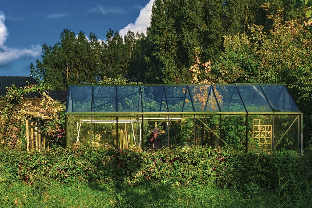 serre de jardin haut de gamme en verre et en fer forgée au milieu de la nature