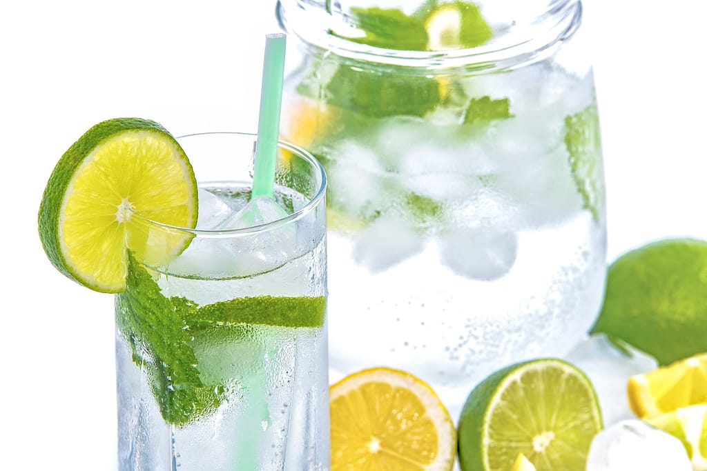 verre et bouteille de limonade artisanale avec des rondelles de citron