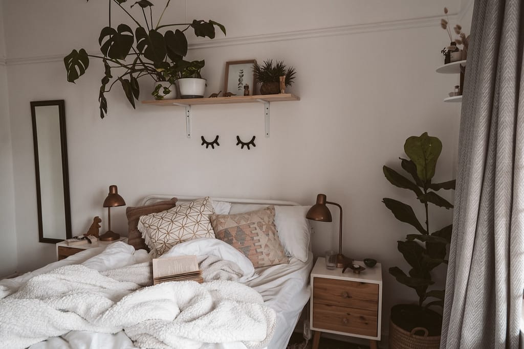 literie avec des plantes et du linge de lit