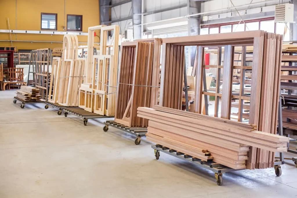 fenêtres et portes en bois stockées dans une usine