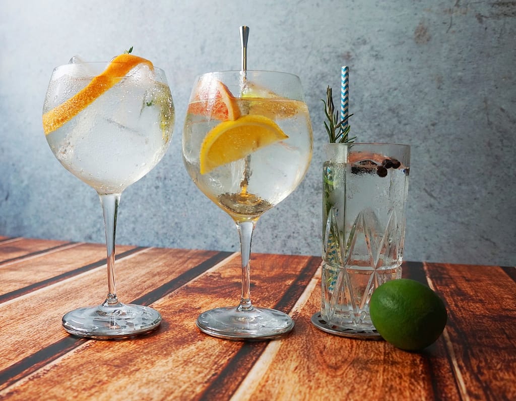 trois cocktails préparés à base de gin et de fruits