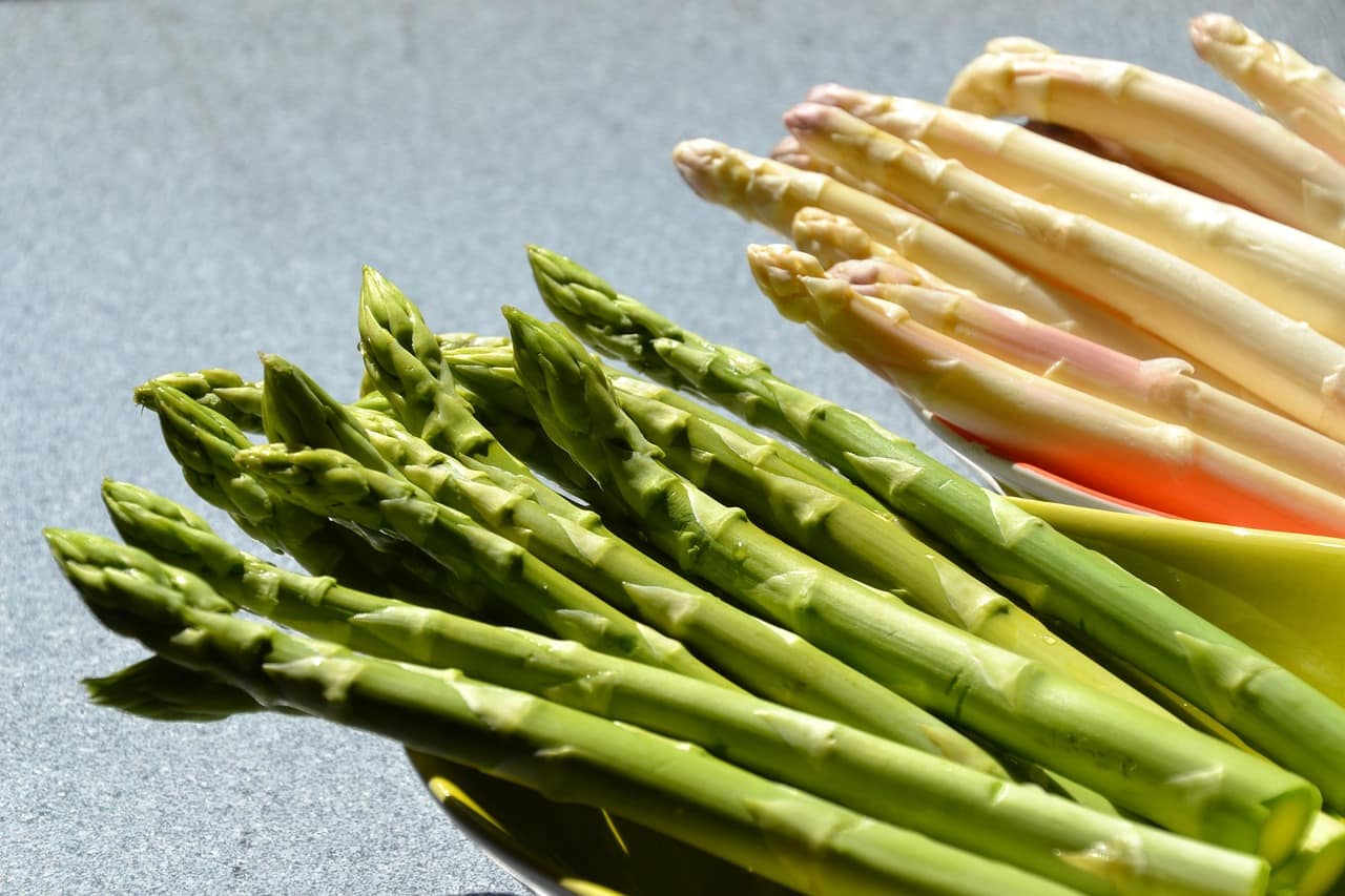 deux bottes d'asperges blanches et vertes
