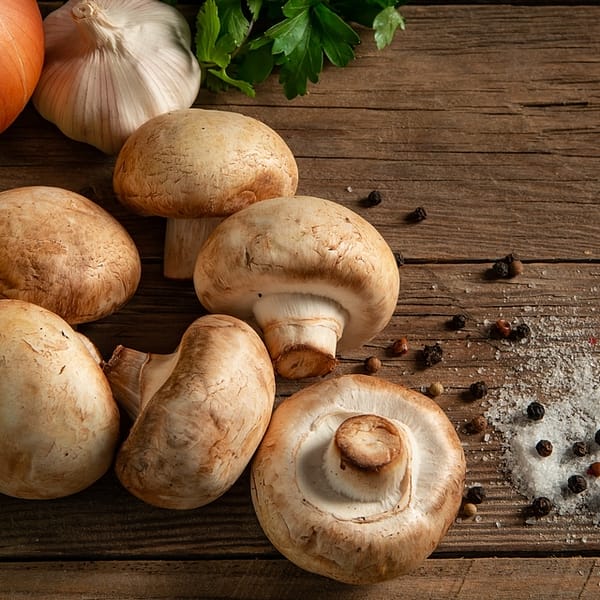 plusieurs champignons de Paris, des épices et des légumes sur une table