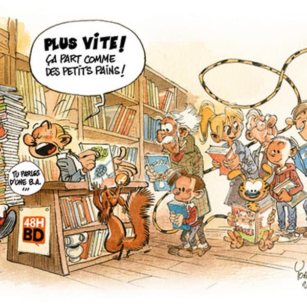 Spirou et Fantasio tenant une librairie où les livres partent comme des petits pains