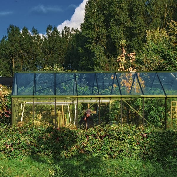 serre de jardin haut de gamme en verre et en fer forgée au milieu de la nature