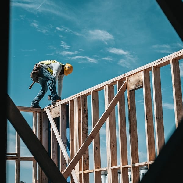 ouvrier qui travaille sur une poutre d'une construction modulaire