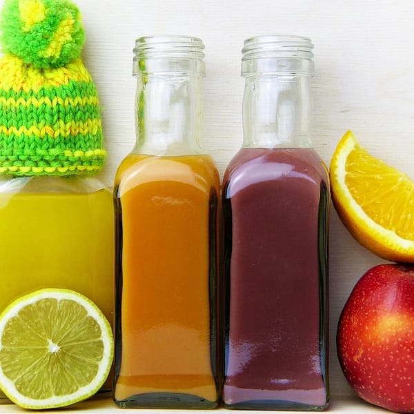 plusieurs types de jus de fruits avec des rondelles de citron et une pomme