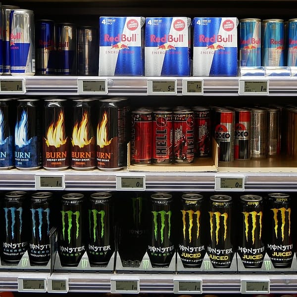 étagères remplies d'energy drinks