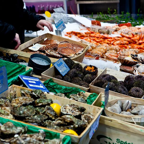 étal d'un poissonnier avec des fruits de mer