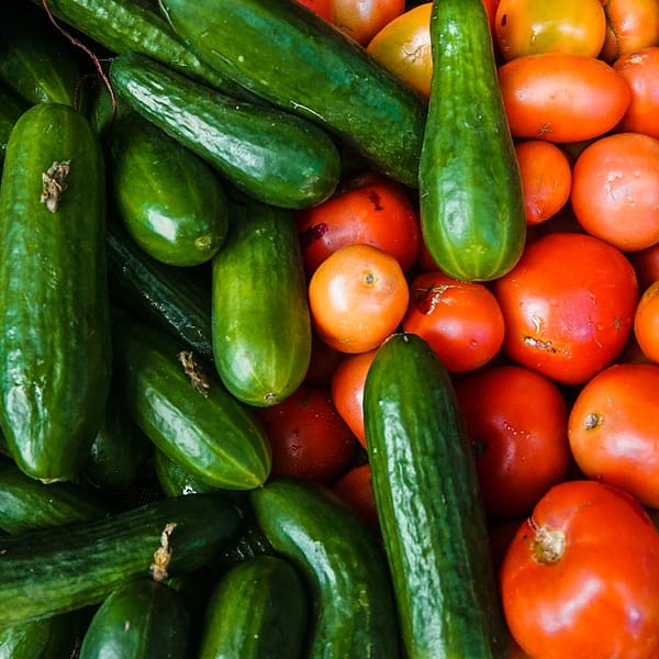 concombres e tomates sur l'étale d'un marché