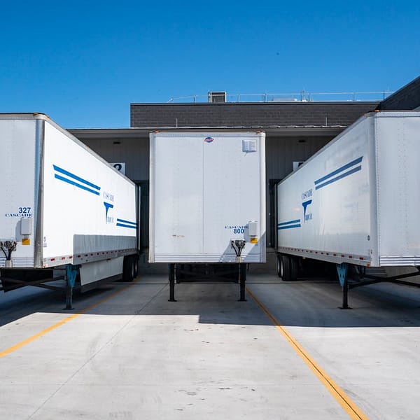 trois remorques frigorifiques sur une plateforme logistique